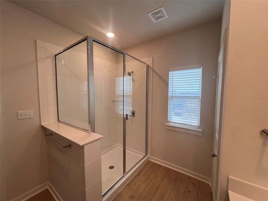Bathroom, Glass Shower, Interior, Recessed Lighting, Wood Texture Flooring