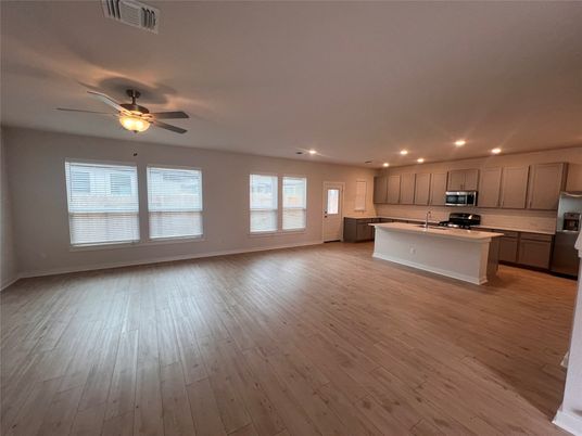 Empty room, Interior, Kitchen, Recessed Lighting, Wood Texture Flooring