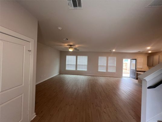 Empty room, Interior, Kitchen, Recessed Lighting, Wood Texture Flooring