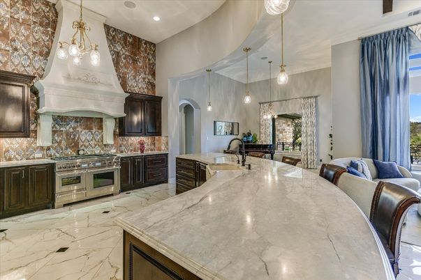 Interior, Kitchen, Marble, Pendant Lights, Recessed Lighting, Stainless Steel Appliances