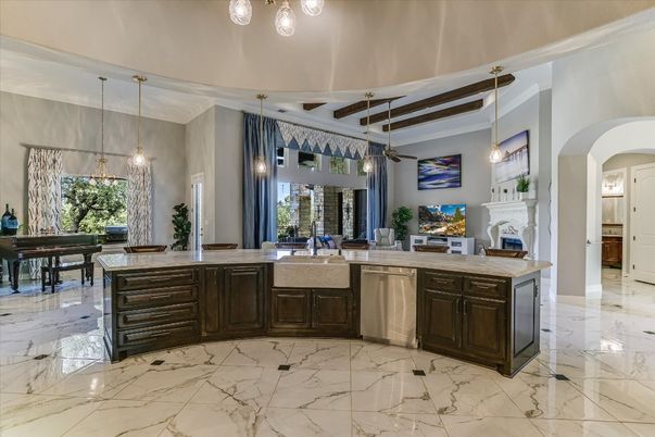 Fireplace, Interior, Kitchen, Marble, Pendant Lights, Piano