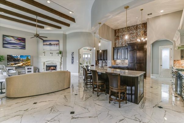 Fireplace, Interior, Kitchen, Living room, Marble, Pendant Lights, Recessed Lighting, Wooden Beams