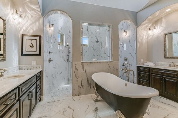 Bathroom, Dual Sink Vanities, Free Standing Baths, Glass Shower, Interior, Marble, Marble Walls