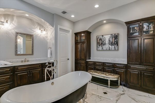 Bathroom, Free Standing Baths, Interior, Marble, Recessed Lighting