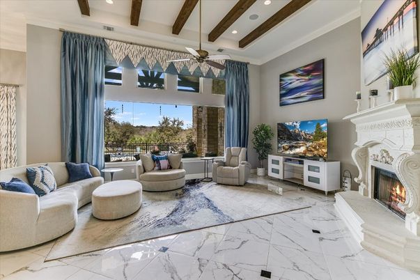 Fireplace, Interior, Living room, Marble, Recessed Lighting, Wooden Beams
