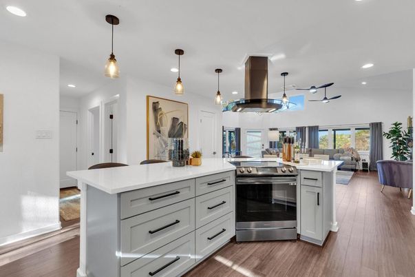Interior, Kitchen, Living room, Pendant Lights, Recessed Lighting, Stainless Steel Appliances, Wood Texture Flooring