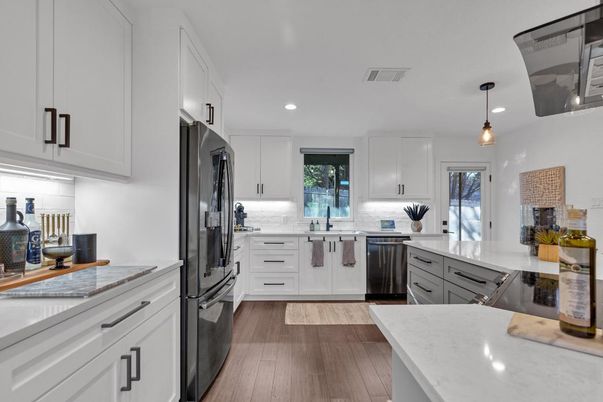 Interior, Kitchen, Pendant Lights, Recessed Lighting, Stainless Steel Appliances, Wood Texture Flooring
