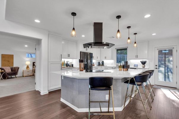 Interior, Kitchen, Pendant Lights, Recessed Lighting, Stainless Steel Appliances, Wood Texture Flooring