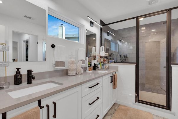 Bathroom, Dual Sink Vanities, Glass Shower, Interior, Recessed Lighting