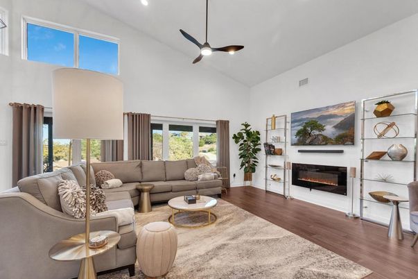 Fireplace, Interior, Living room, Pendant Lights, Recessed Lighting, Wood Texture Flooring