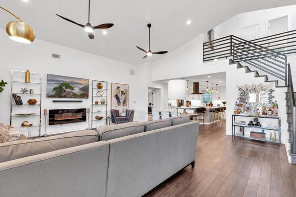 Dining room, Fireplace, Interior, Kitchen, Living room, Pendant Lights, Recessed Lighting, Wood Texture Flooring
