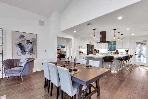 Dining room, Interior, Kitchen, Pendant Lights, Recessed Lighting, Wood Texture Flooring