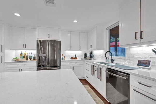 Interior, Kitchen, Recessed Lighting, Stainless Steel Appliances, Wood Texture Flooring