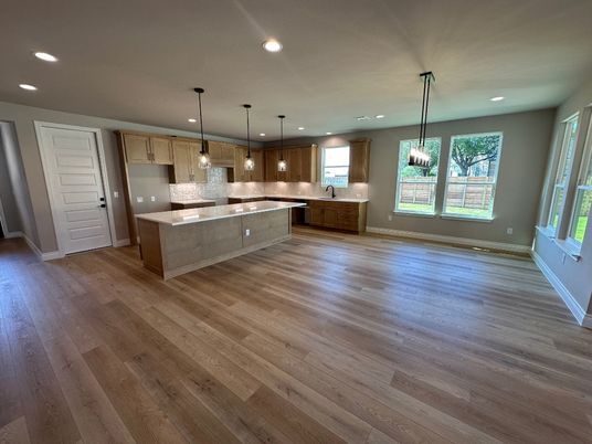 Empty room, Interior, Kitchen, Pendant Lights, Recessed Lighting, Wood Texture Flooring