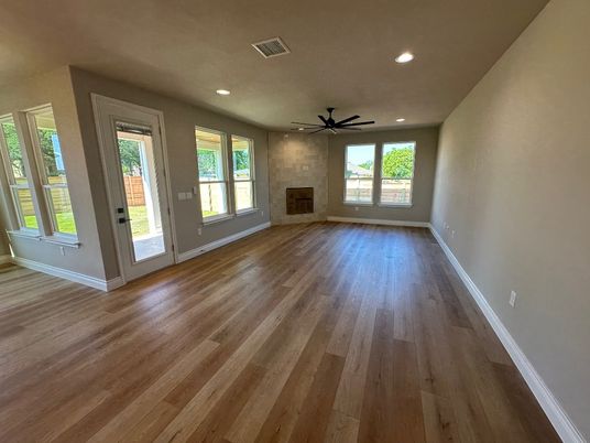 Empty room, Fireplace, Interior, Recessed Lighting, Wood Texture Flooring