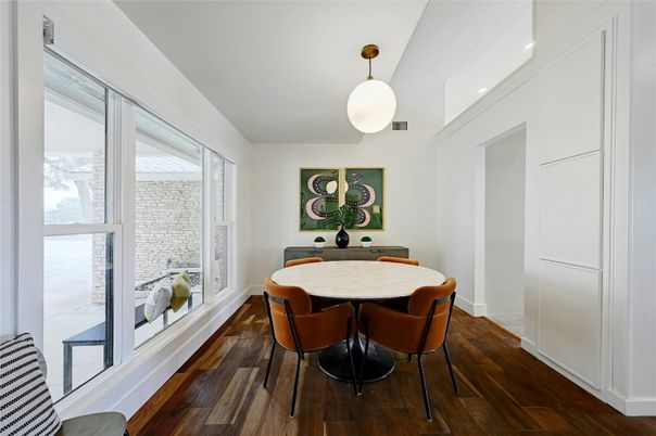 Dining room, Interior, Pendant Lights, Wood Texture Flooring