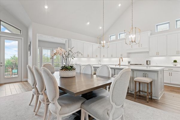Dining room, Interior, Kitchen, Pendant Lights, Recessed Lighting, Wood Texture Flooring
