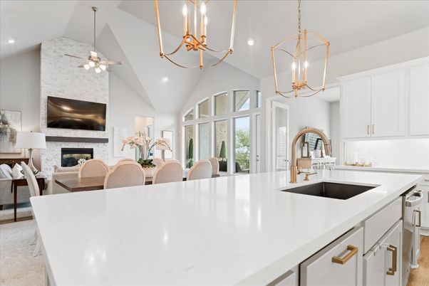 Dining room, Fireplace, Interior, Kitchen, Living room, Pendant Lights, Recessed Lighting, Stone Walls