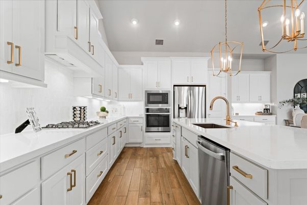Interior, Kitchen, Pendant Lights, Recessed Lighting, Stainless Steel Appliances, Wood Texture Flooring