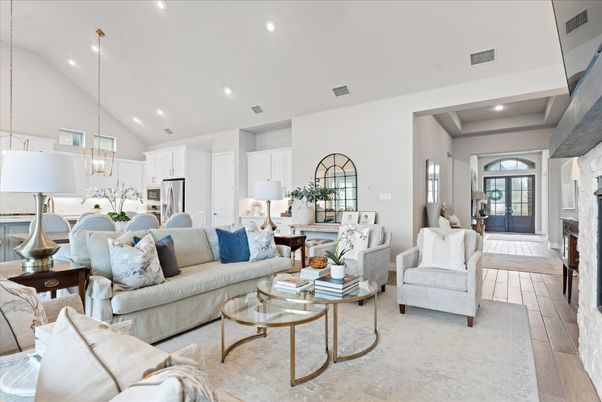 Chandelier, Fireplace, Interior, Kitchen, Living room, Pendant Lights, Recessed Lighting, Stainless Steel Appliances