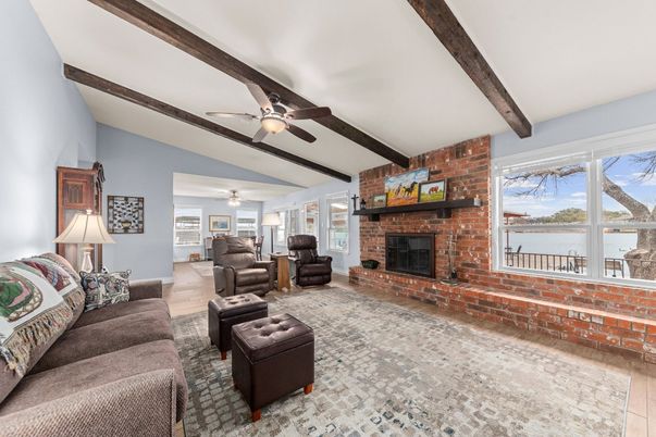 Fireplace, Interior, Living room, Stone Walls, Water, Wooden Beams