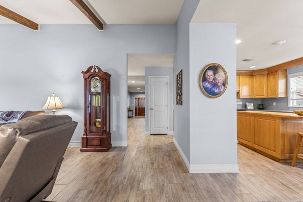 Interior, Kitchen, Recessed Lighting, Wooden Beams, Wood Texture Flooring