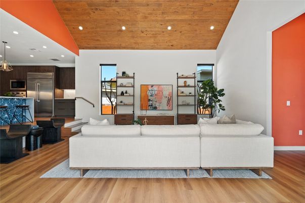 Interior, Kitchen, Living room, Pendant Lights, Recessed Lighting, Stainless Steel Appliances, Wooden Ceilings, Wood Texture Flooring