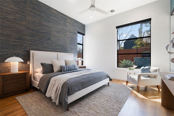 Bedroom, Interior, Recessed Lighting, Wood Texture Flooring