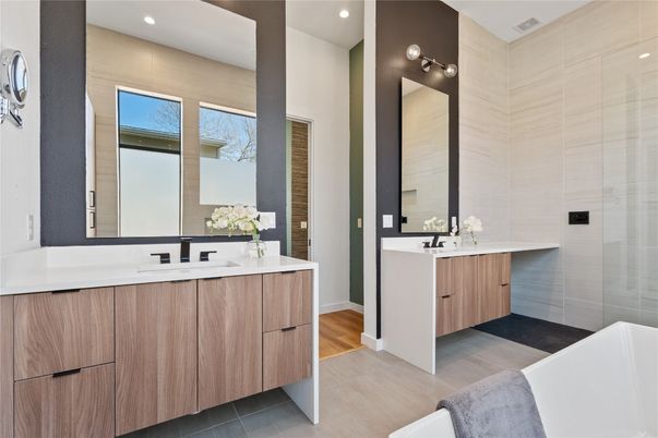 Bathroom, Dual Sink Vanities, Glass Shower, Interior, Recessed Lighting