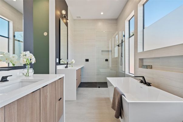 Bathroom, Dual Sink Vanities, Free Standing Baths, Glass Shower, Interior, Recessed Lighting