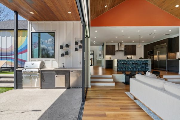 Interior, Kitchen, Pendant Lights, Recessed Lighting, Stainless Steel Appliances, Wooden Ceilings, Wood Texture Flooring