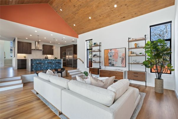 Interior, Kitchen, Living room, Pendant Lights, Recessed Lighting, Stainless Steel Appliances, Wooden Ceilings, Wood Texture Flooring