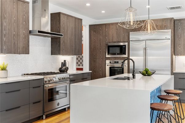 Interior, Kitchen, Pendant Lights, Recessed Lighting, Stainless Steel Appliances, Wood Texture Flooring