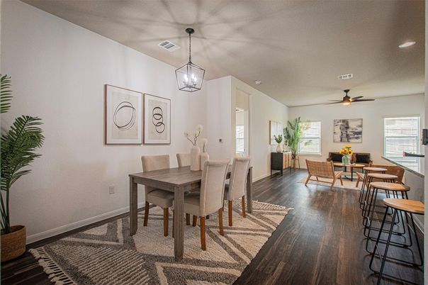 Dining room, Interior, Pendant Lights, Wood Texture Flooring