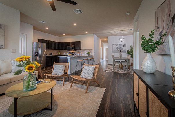 Dining room, Interior, Kitchen, Living room, Pendant Lights, Recessed Lighting, Stainless Steel Appliances, Wood Texture Flooring