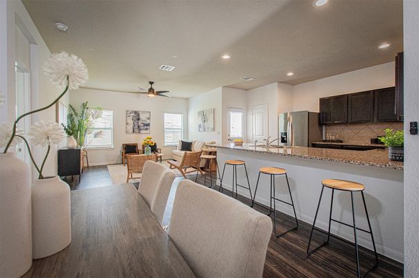 Dining room, Interior, Kitchen, Living room, Recessed Lighting, Wood Texture Flooring