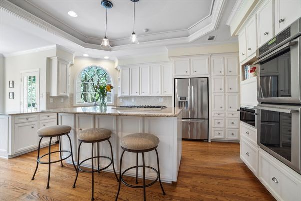 Interior, Kitchen, Pendant Lights, Recessed Lighting, Stainless Steel Appliances, Wood Texture Flooring