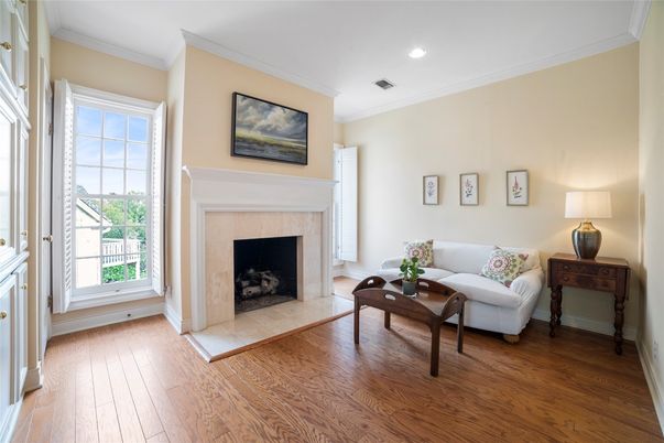 Fireplace, Interior, Living room, Recessed Lighting, Wood Texture Flooring