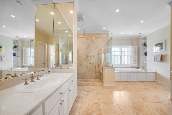 Bathroom, Dual Sink Vanities, Glass Shower, Interior, Recessed Lighting