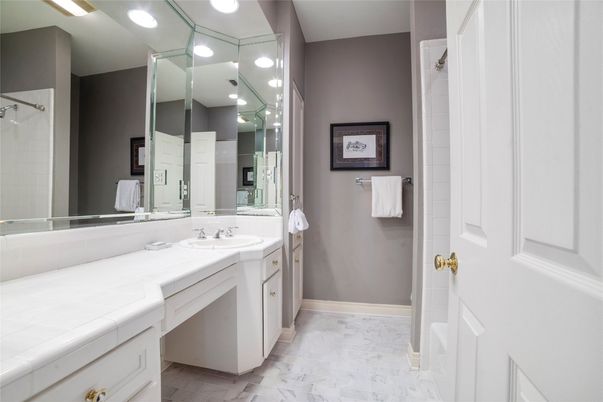Bathroom, Dual Sink Vanities, Interior, Marble, Recessed Lighting, Tile Countertops