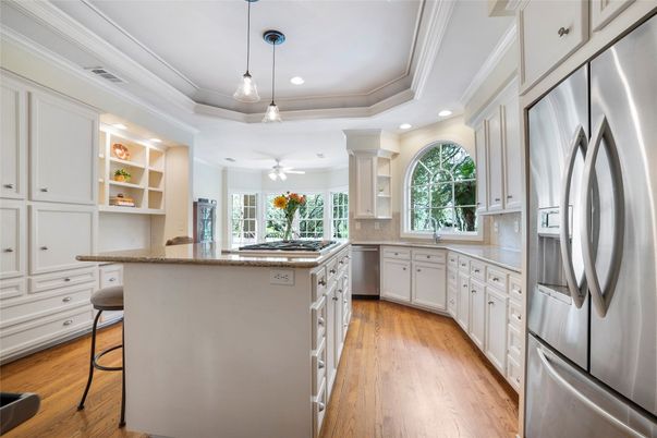 Interior, Kitchen, Pendant Lights, Recessed Lighting, Stainless Steel Appliances, Wood Texture Flooring