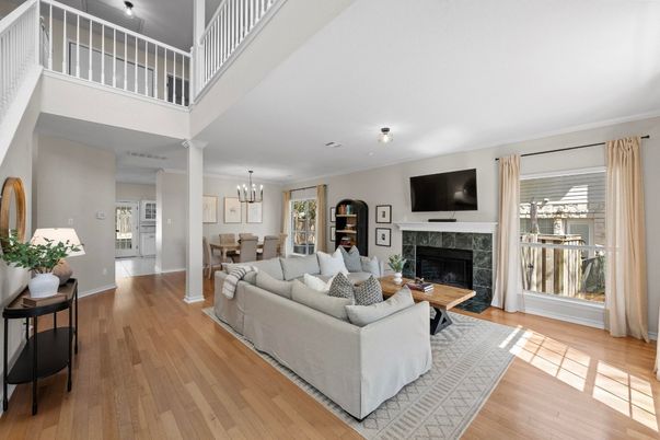 Chandelier, Dining room, Fireplace, Interior, Living room, Wood Texture Flooring
