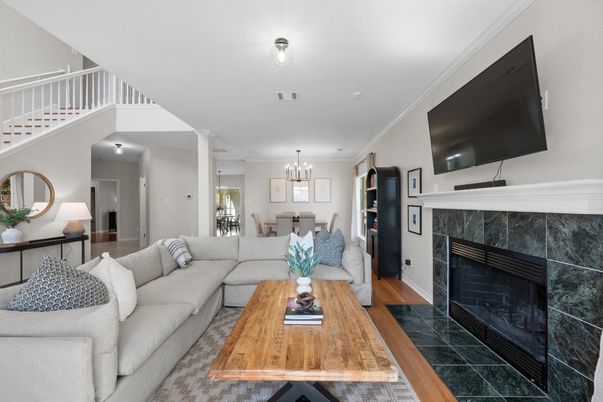 Chandelier, Dining room, Fireplace, Interior, Living room, Wood Texture Flooring