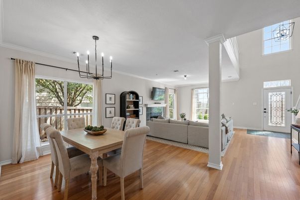Dining room, Fireplace, Interior, Living room, Pendant Lights, Wood Texture Flooring