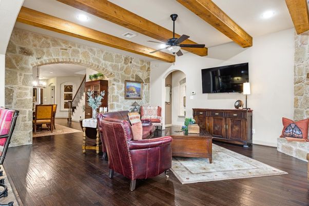 Interior, Living room, Recessed Lighting, Stone Walls, Wooden Beams, Wood Texture Flooring
