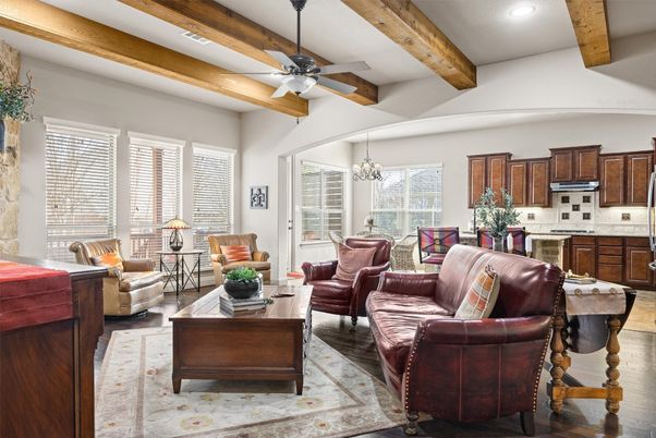 Chandelier, Interior, Living room, Recessed Lighting, Wooden Beams, Wood Texture Flooring
