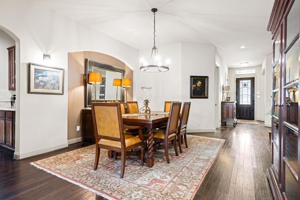 Chandelier, Dining room, Interior, Pendant Lights, Recessed Lighting, Wood Texture Flooring