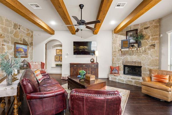 Fireplace, Interior, Living room, Recessed Lighting, Stone Walls, Wooden Beams, Wood Texture Flooring
