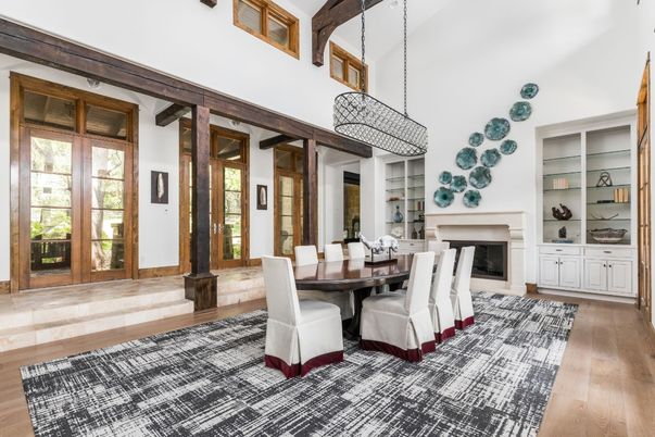 Dining room, Fireplace, Interior, Wood Texture Flooring
