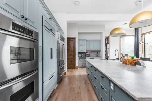 Interior, Kitchen, Pendant Lights, Stainless Steel Appliances, Wood Texture Flooring